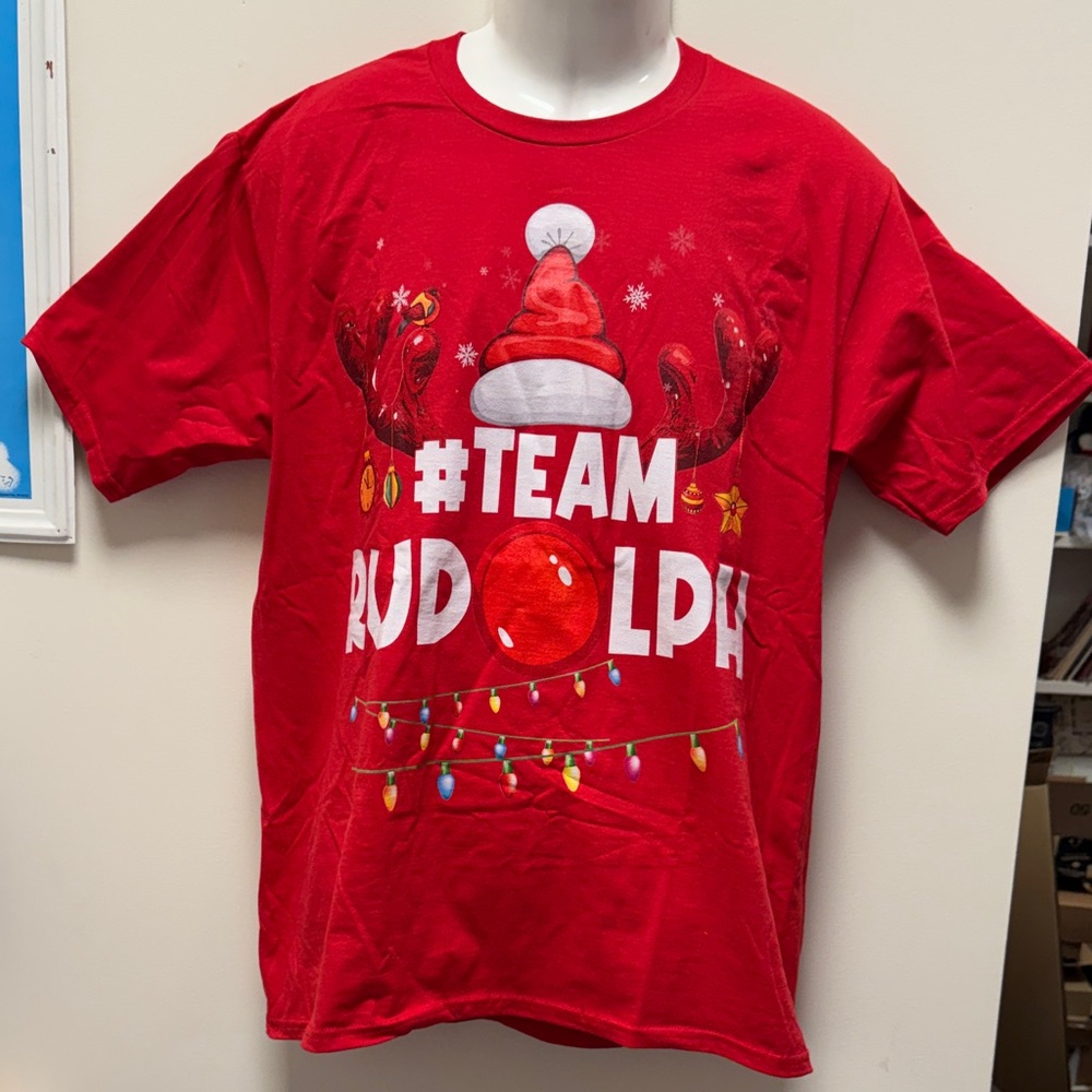 Port & Co Red #Team Rudolph Short Sleeve Tee Shirt Crew Neck Large New
